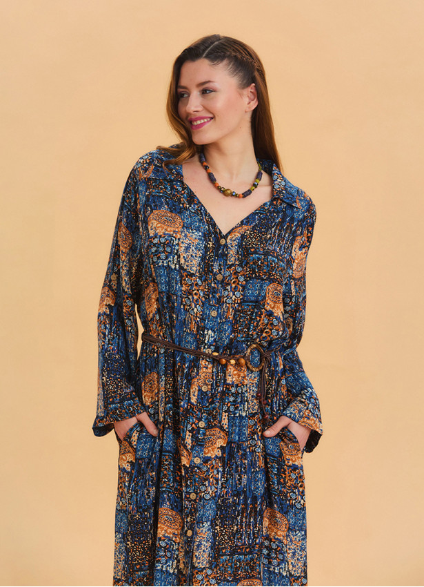 P Shirt Collar Belt Detailed Blue Bohemian Dress 4451